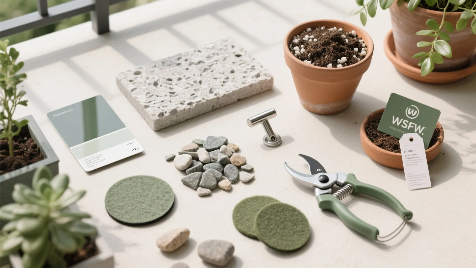 Flat lay of balcony planter materials including fiberstone, resin, steel, hardware, and soil mix.