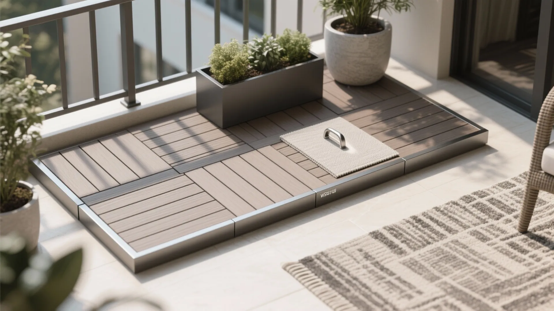 Outdoor balcony floor tiles with wood texture arranged in square patterns near black metal railing