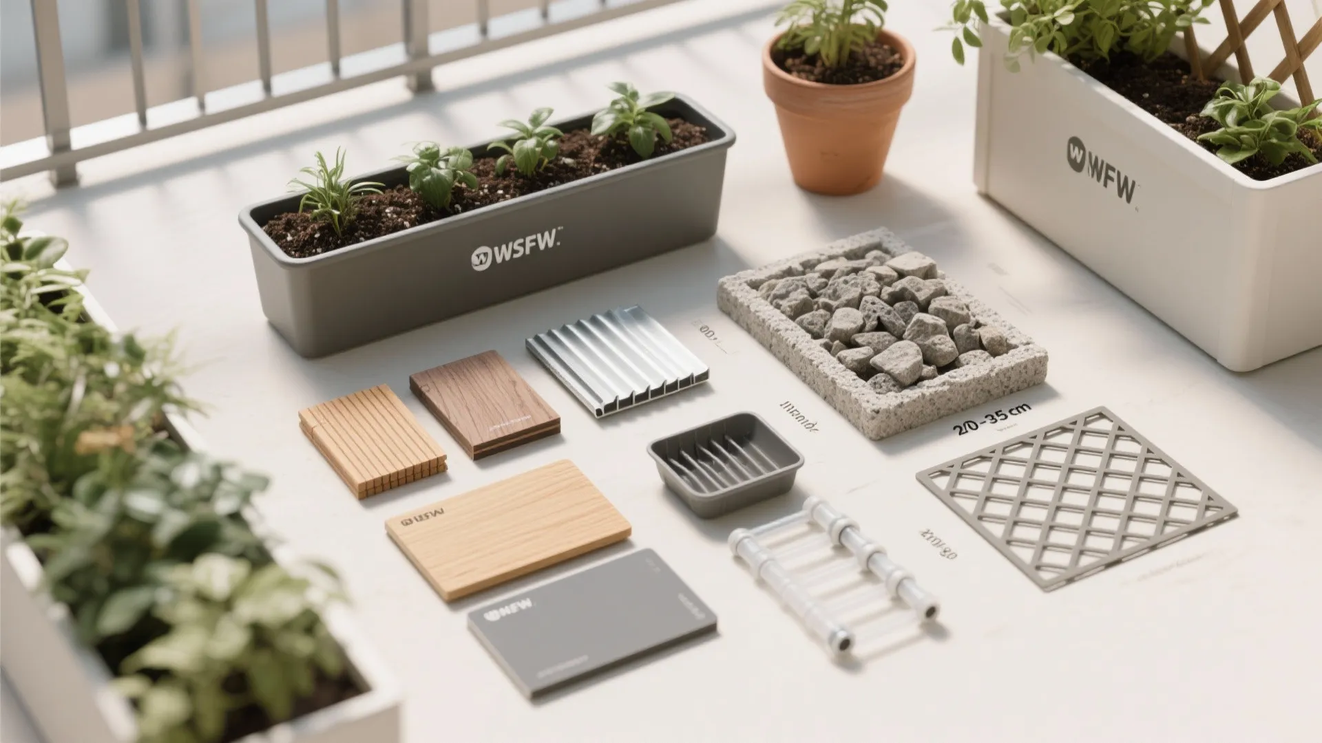 Flatlay of planter materials and components suitable for small apartment balconies.