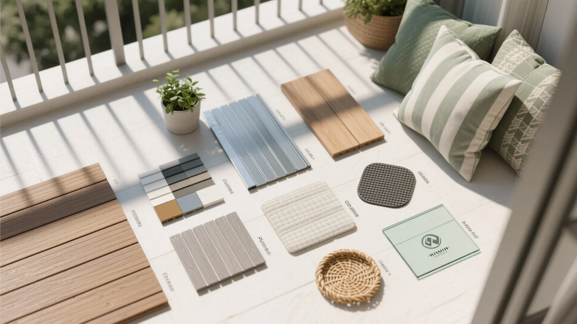 Outdoor floor tiles and wood samples laid out on a balcony for interior design planning