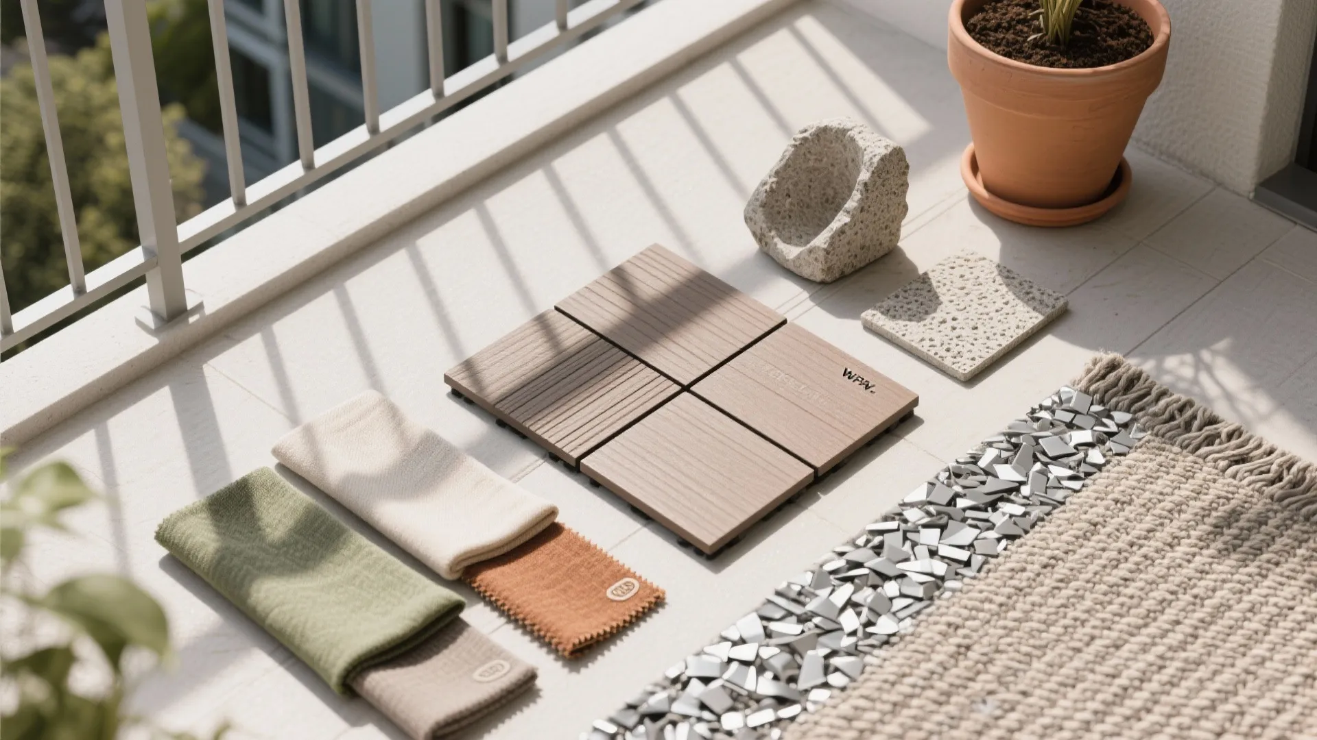 5) Warm materials and textiles: wood-look decking, linens, and clay