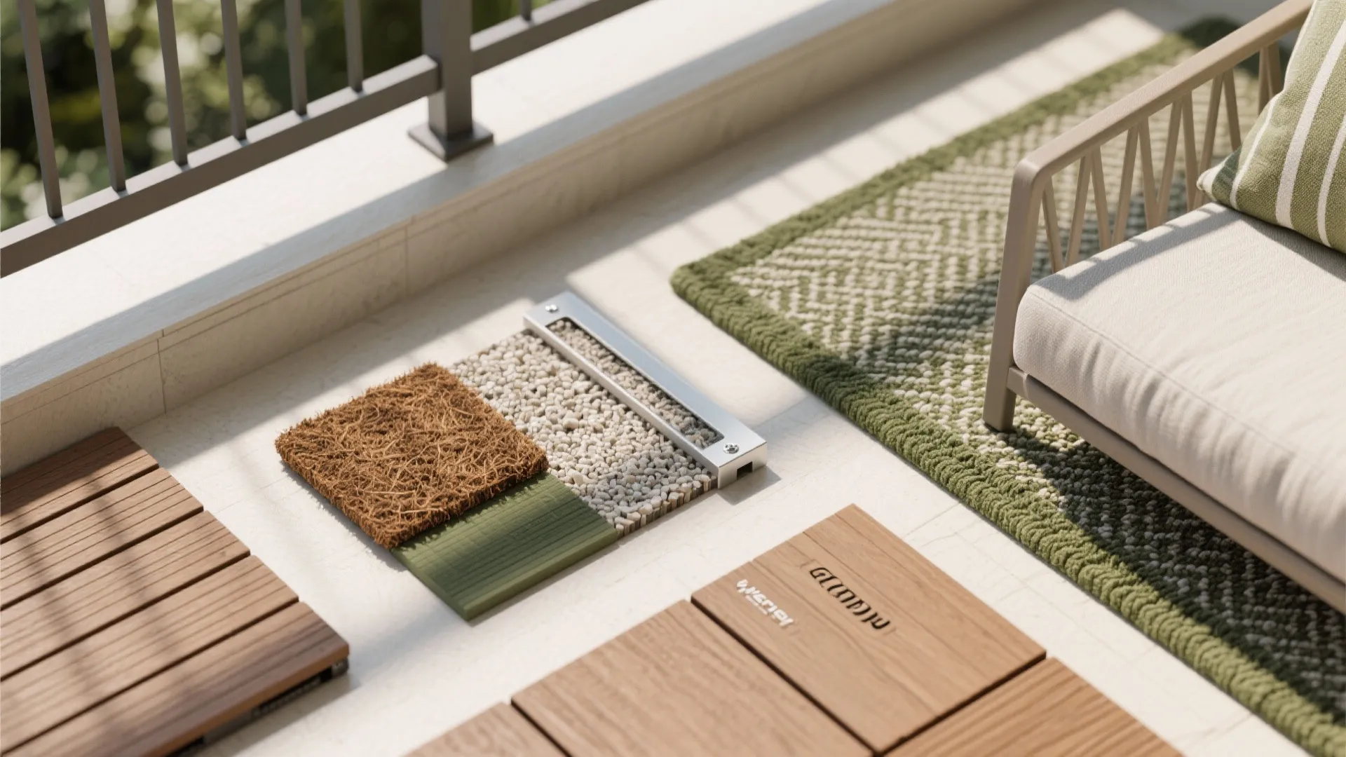 Flatlay of decking tile, drain-friendly rug swatch, soil mix, aluminum bracket, and fabric sample.