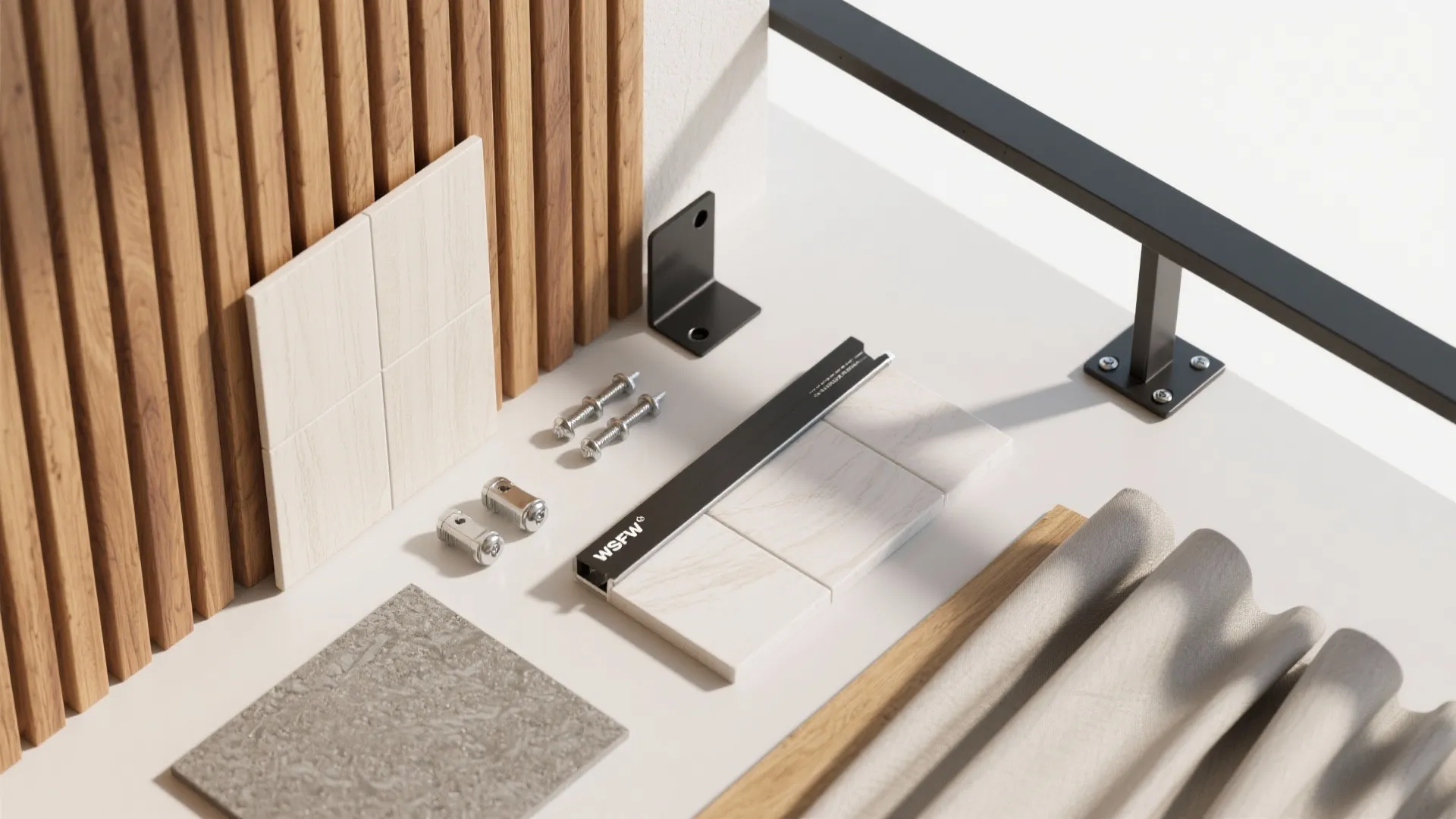 Mixed-material feature wall: tile, slats, and art