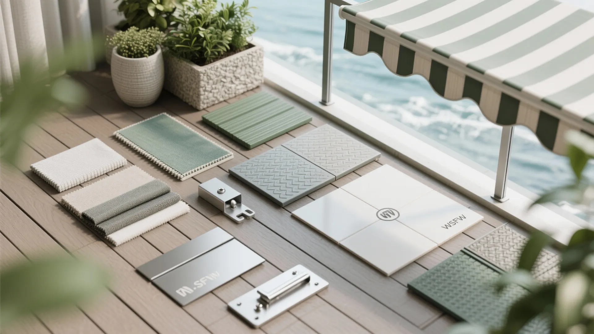 Selection of balcony floor tiles and fabric samples arranged on a wooden deck outside outdoors
