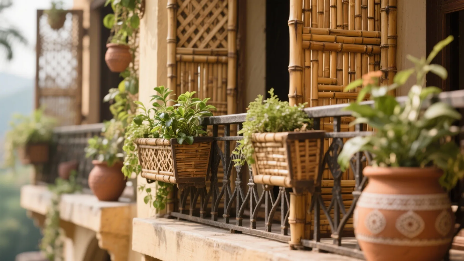 Close up of balcony railing with hanging woven planters green plants and bamboo privacy wall panels
