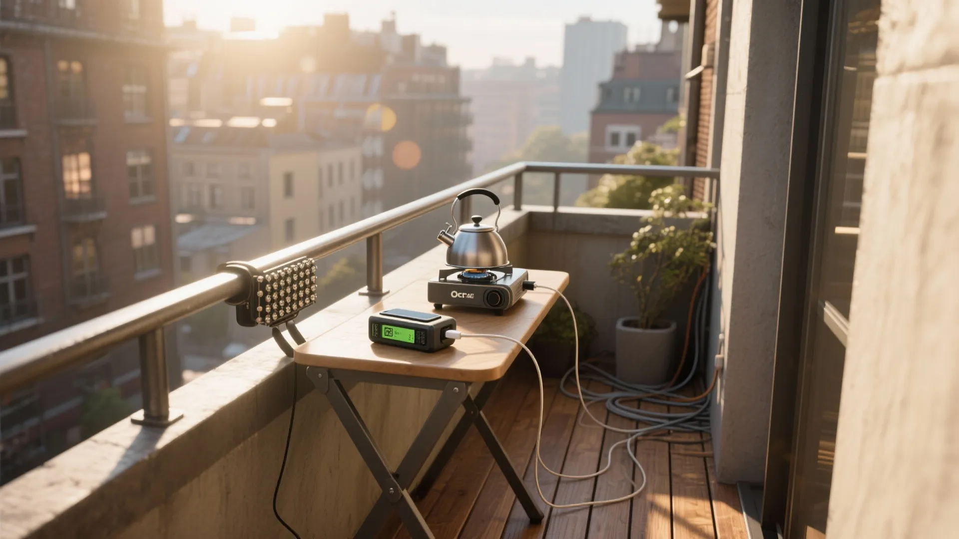 Small urban balcony with a railing-mounted solar micro-array powering a kettle and phone charger.
