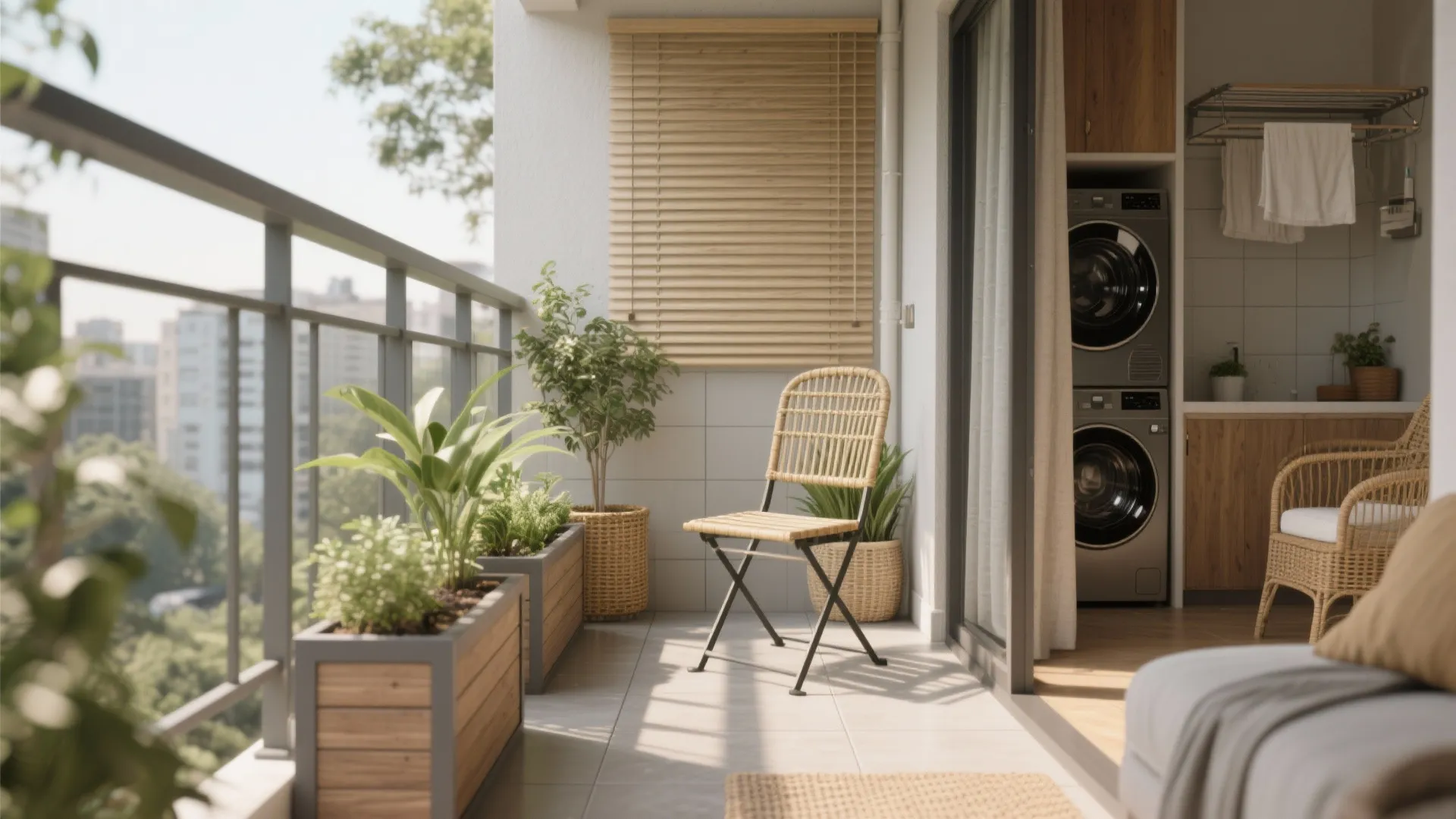 Balcony micro-garden, laundry niche, and warm textures