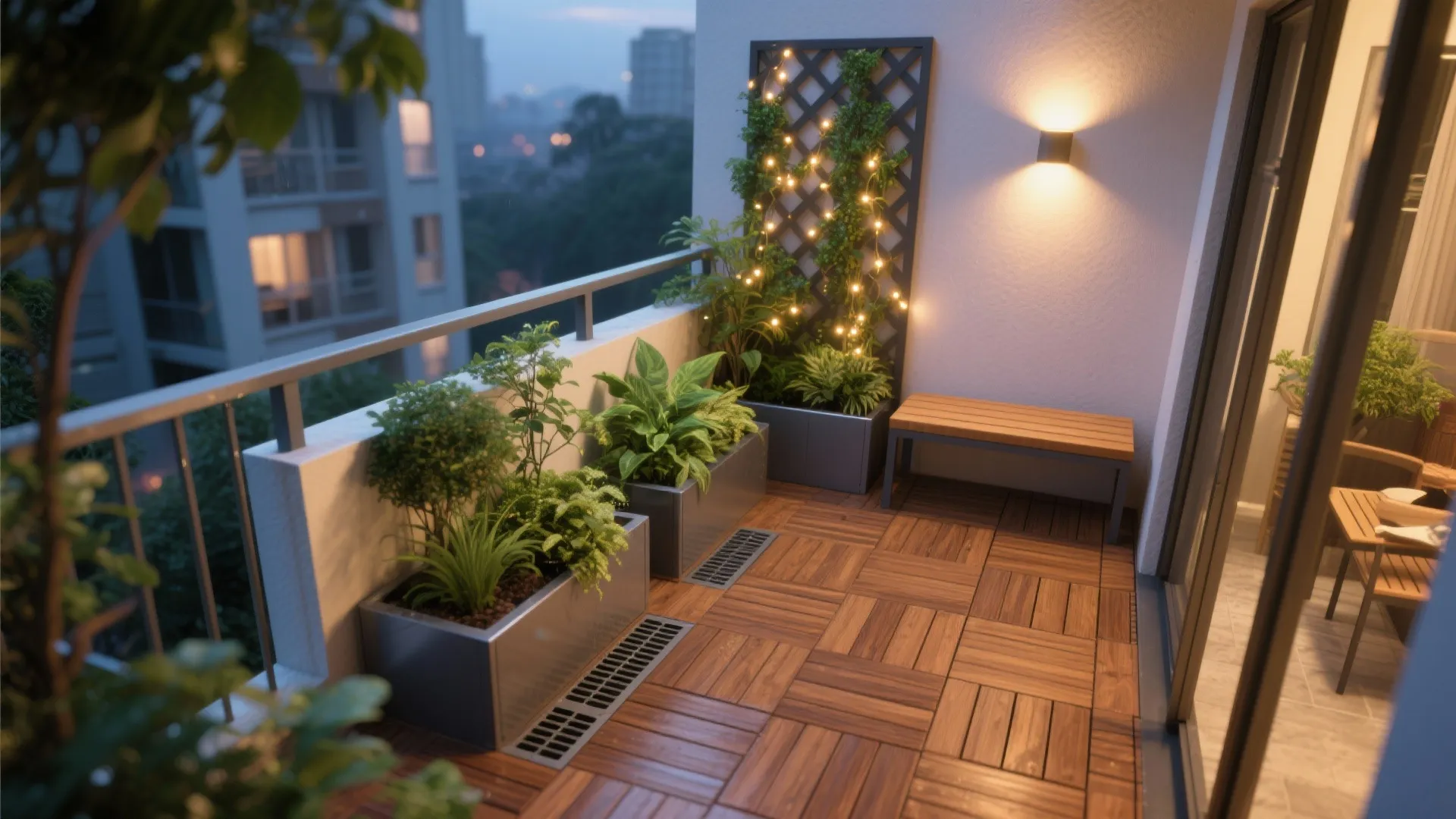 Balcony micro-garden with weather-smart materials