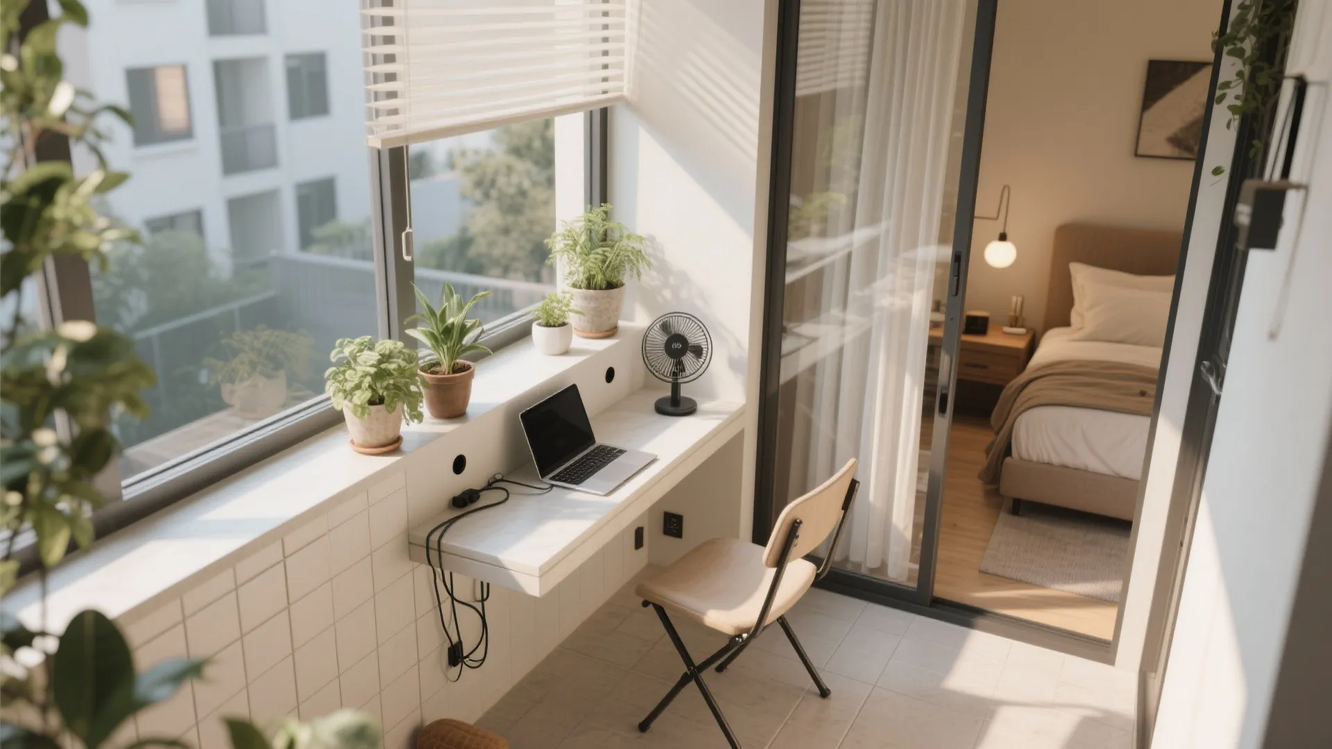 Balcony micro-nook: plants, desk, or wellness corner