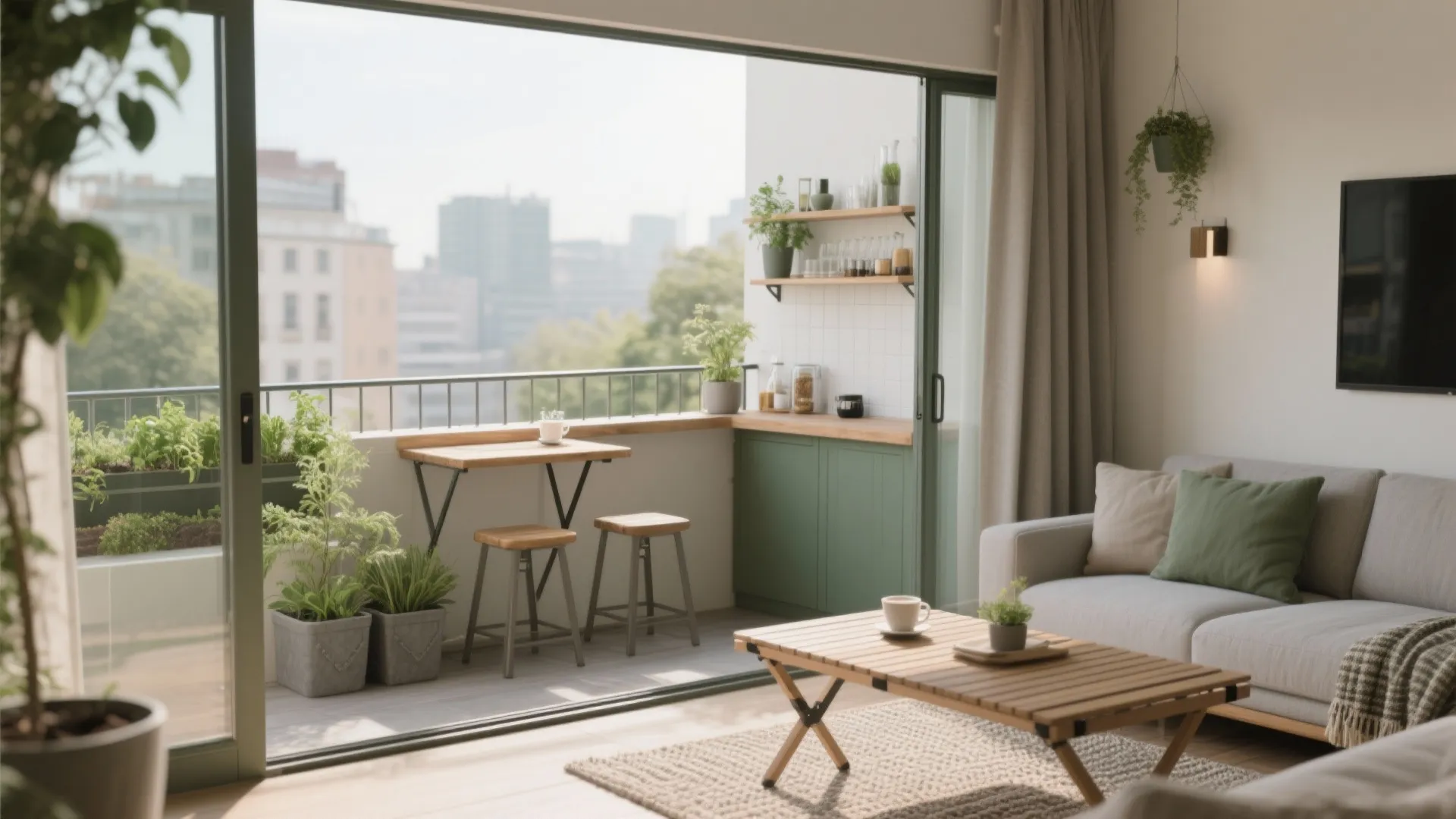 Living room opening to a balcony with a small wooden table bar and green cabinets
