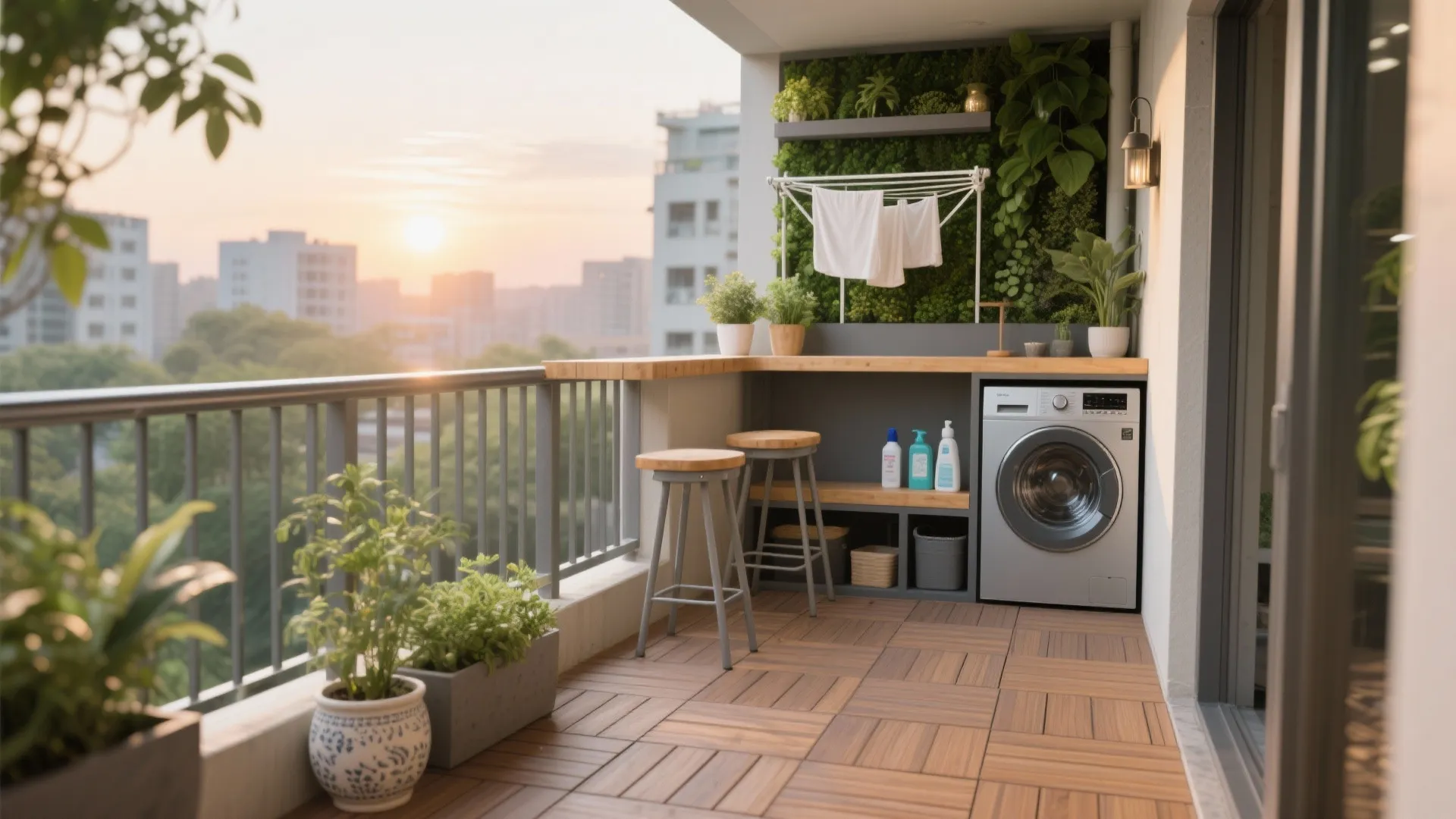 5) Balcony/utility refresh: greenery, laundry, and a micro bar