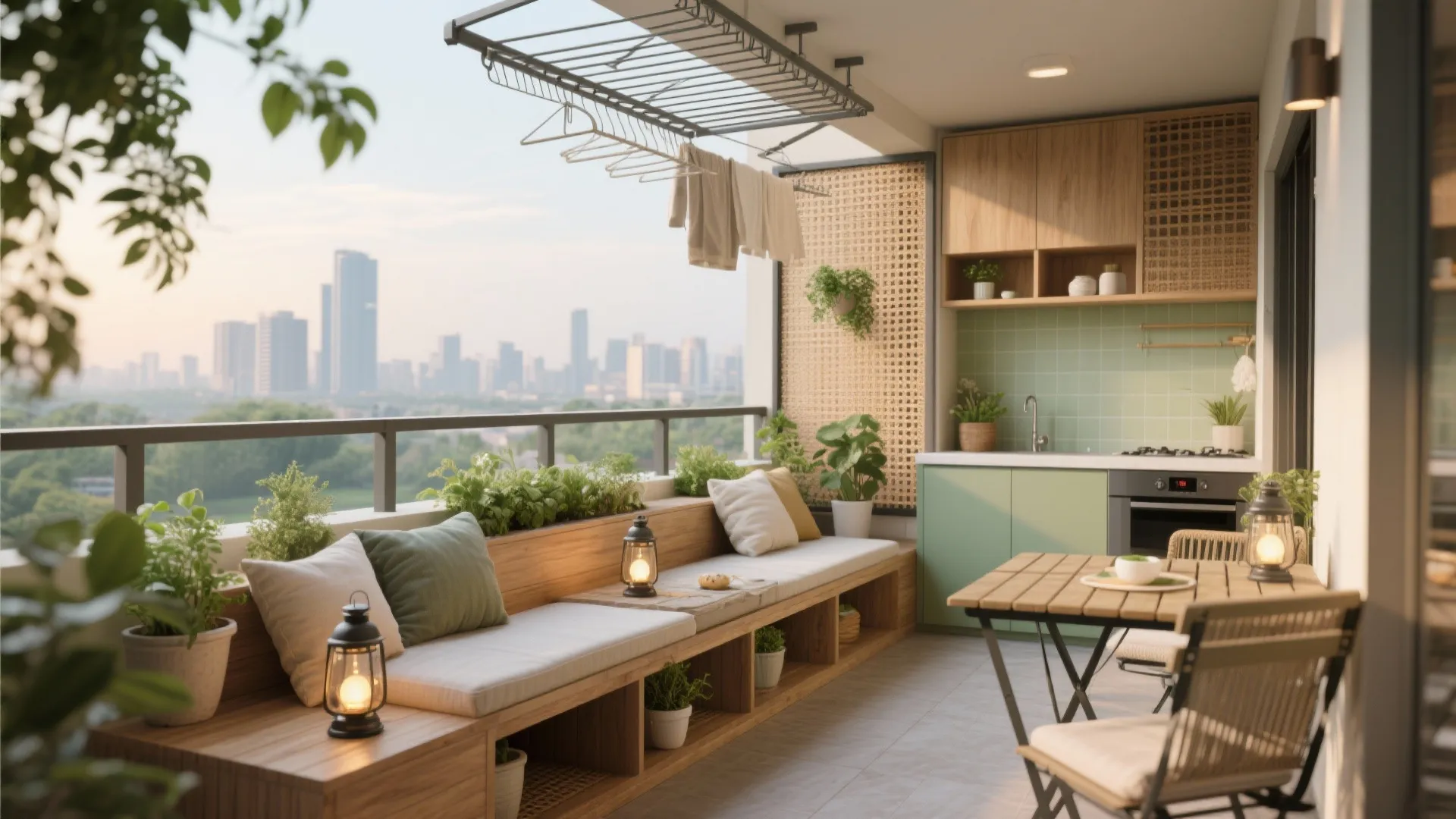 Modern balcony with wooden bench seating, green cabinets, small dining table, plants, and city view