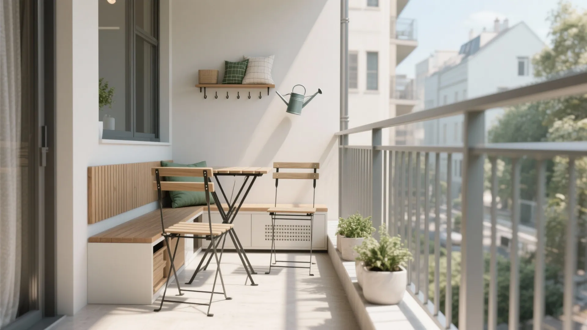 Modern balcony with wooden table chairs storage bench small plants and green pillows in natural light