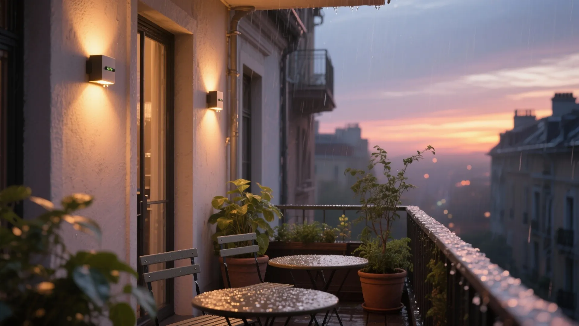Small balcony at dusk with weather-rated rechargeable wall lights creating cozy mood lighting.