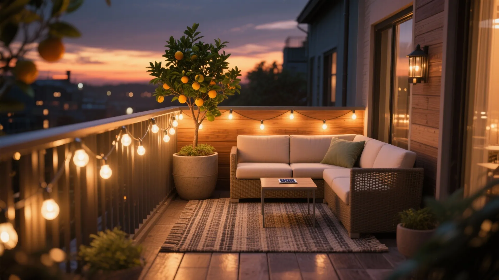 Warm bistro string lights, compact citrus tree, weatherproof rug, and side table on a cozy apartment balcony.