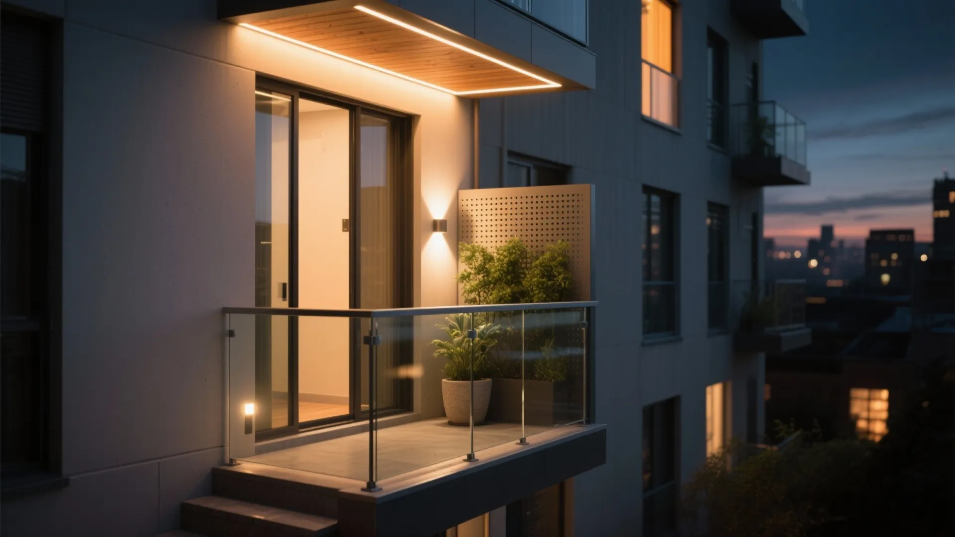 Modern balcony at night with warm light fixture under the roof and glass railings design
