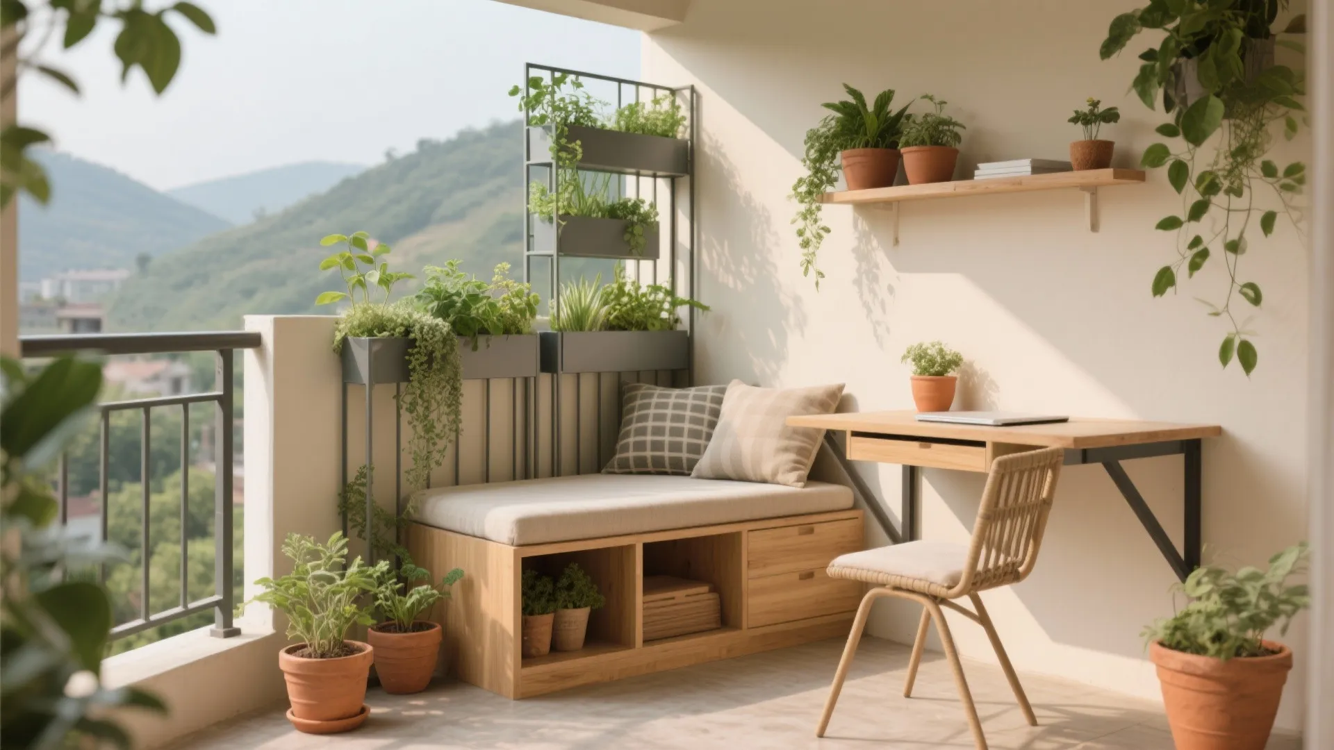 Balcony-biophilic nook with hidden storage
