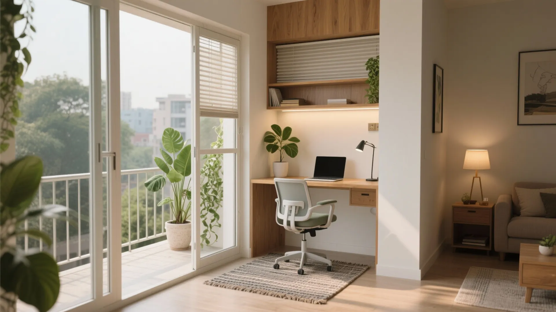 Balcony-to-Work Nook with Biophilic Comfort