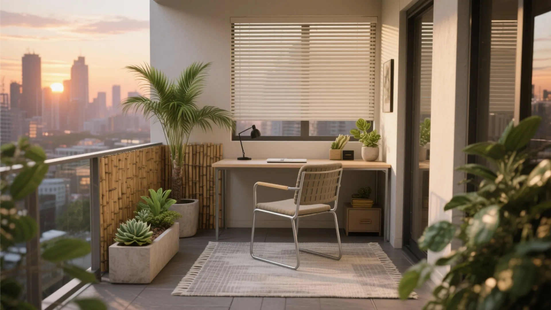 Balcony-to-studio nook with plants and acoustic layering