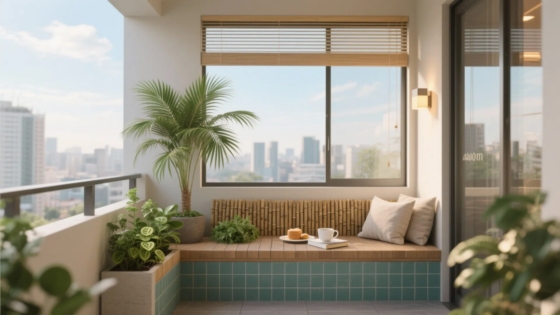 Sunny balcony with wooden bench, green plants, blue tiles, bamboo wall, coffee, and city view