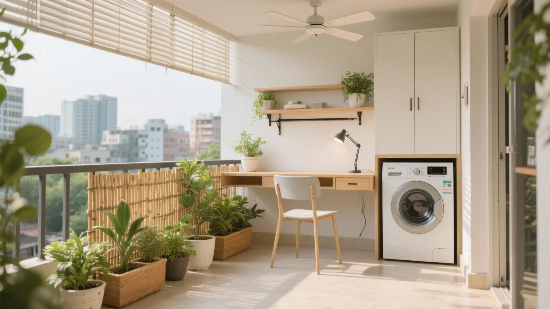 Balcony-utility hybrid: a micro office and a green pocket