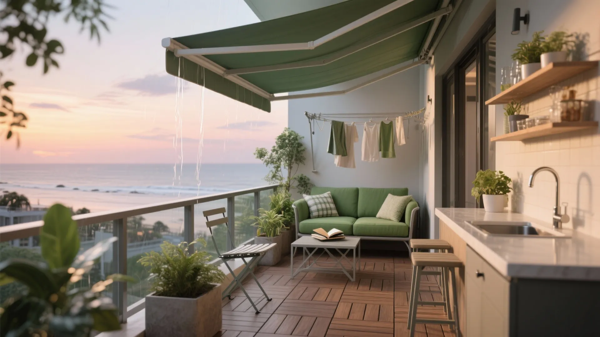 Modern balcony with green sofa wooden floor green awning outdoor kitchen sink and ocean sunset view