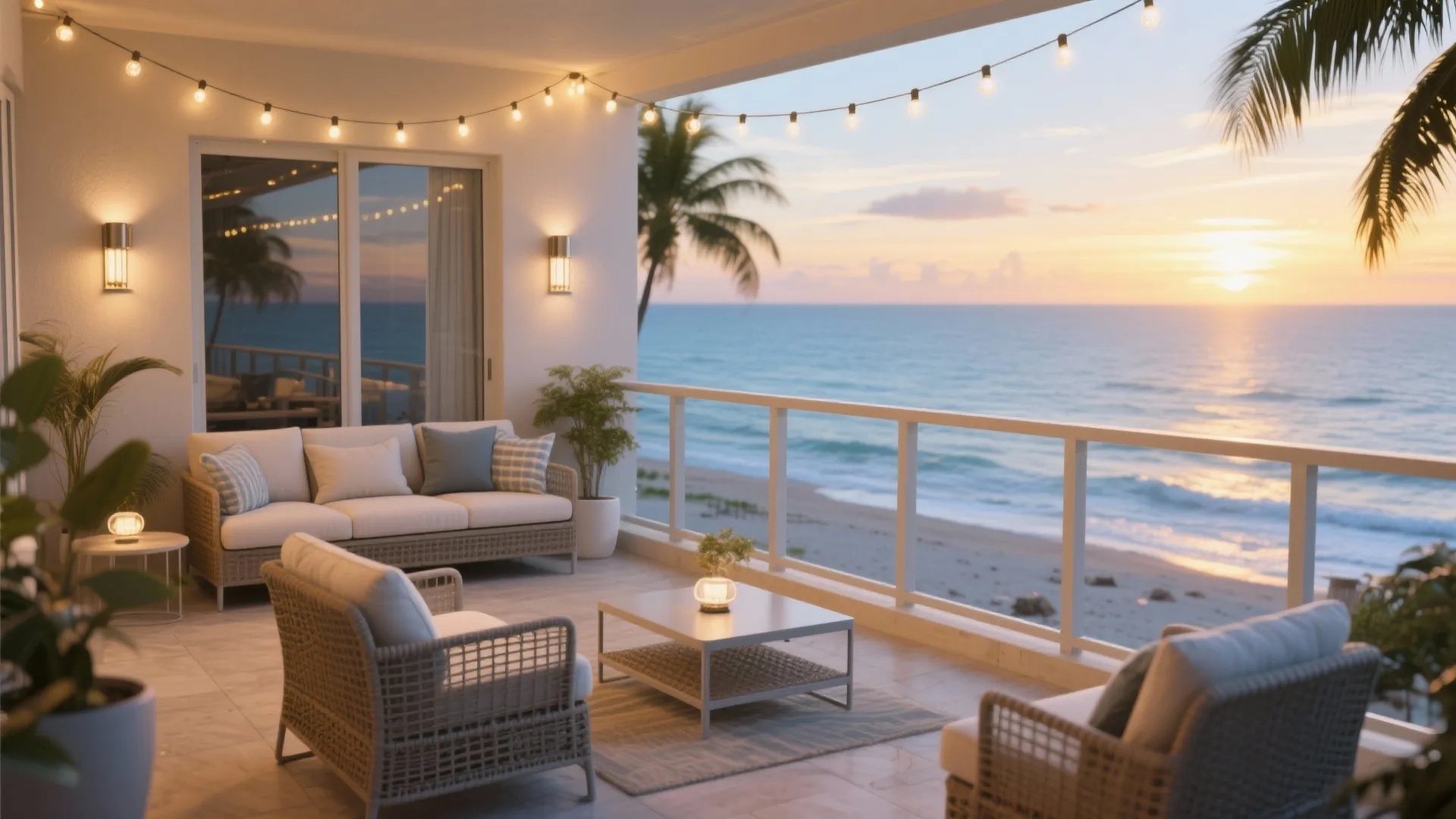 Luxury balcony with sofa armchairs string lights and coffee table overlooking sunset and ocean view