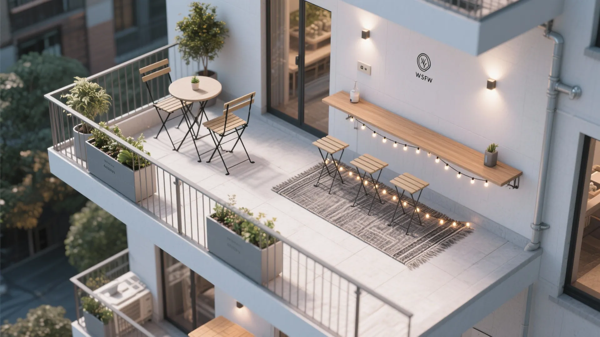 Modern white balcony with wooden table and chairs plus bar counter with glowing string lights