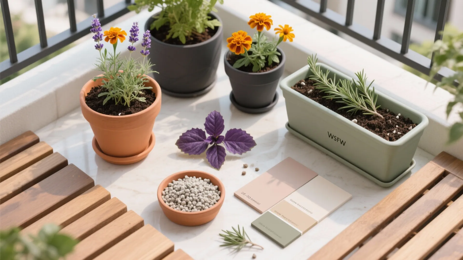 Flatlay of terracotta, charcoal, and sage pot finishes with herbs, marigolds, perlite mix, and fertilizer.