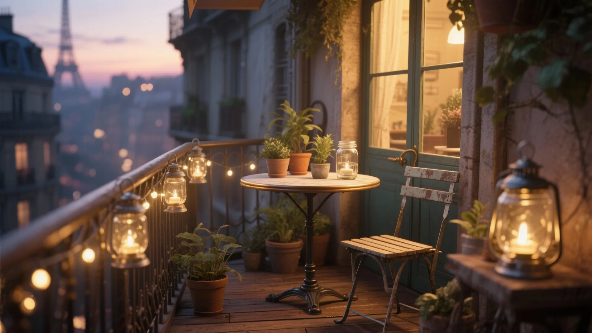 Parisian balcony at night with round table wooden chair green plants and warm glowing light lanterns