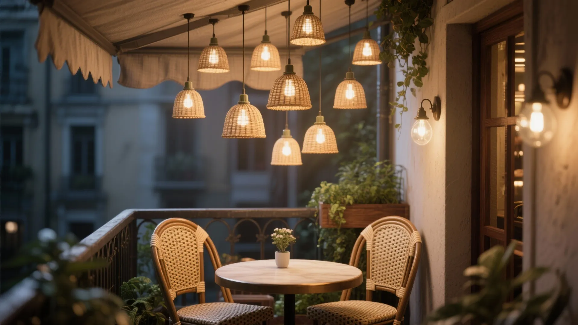 Outdoor balcony featuring multiple woven hanging ceiling lights over a round table and two chairs