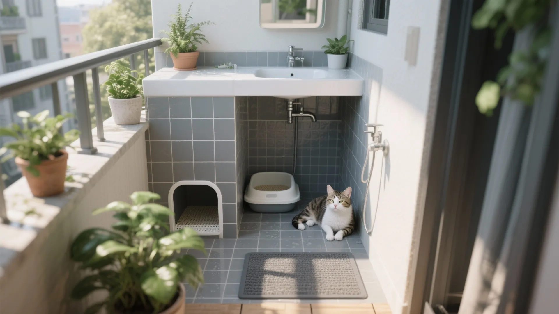 Small balcony or tiled bathroom corner set up as a pet area with a covered litter box and waterproof flooring.