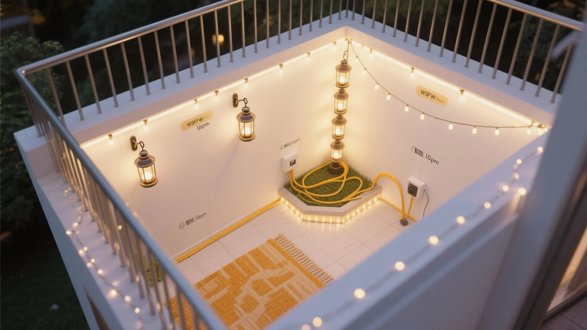 Top-down small balcony lighting plan showing layers, clear paths, and inward-directed glow.