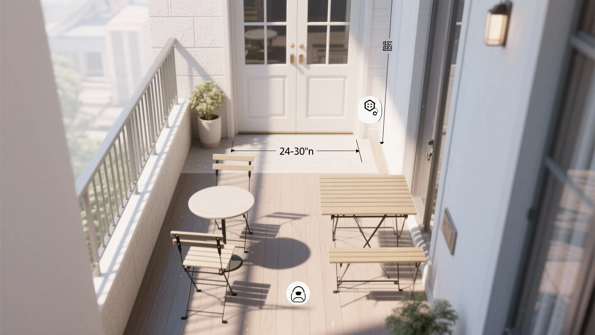 Top-down balcony layout diagram showing clearances and small furniture footprints for a narrow balcony.