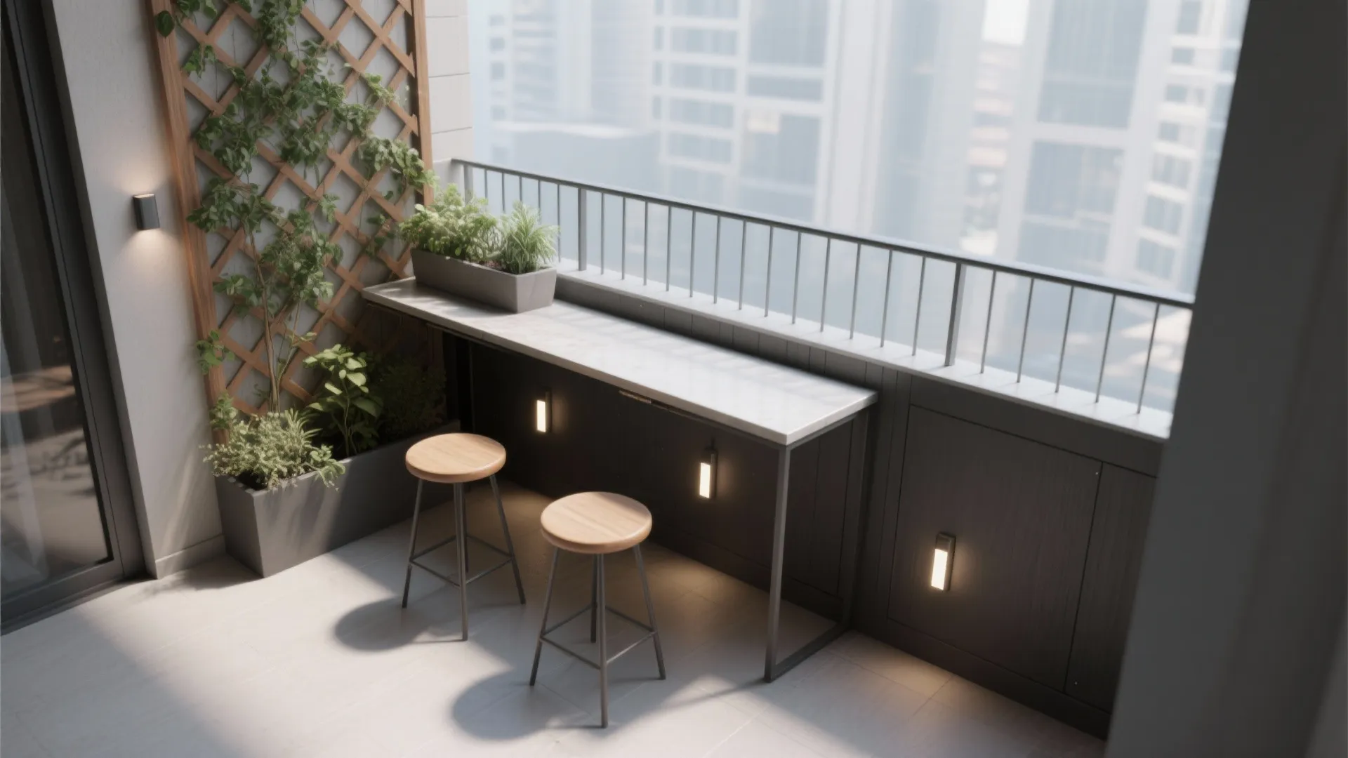 Modern balcony interior design with wooden stools long table green plants and warm wall lights