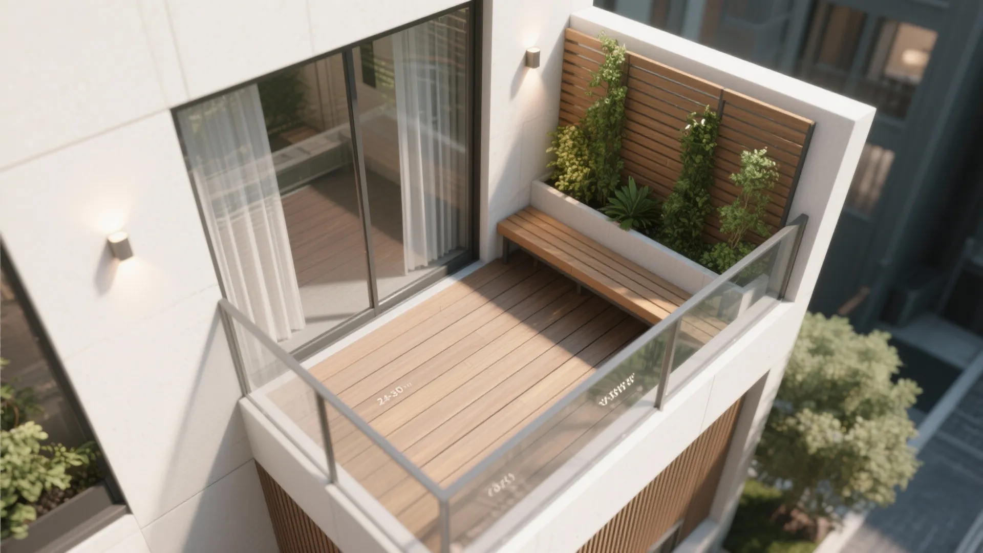Top view of a small balcony with glass railing wooden deck bench seat and green plants