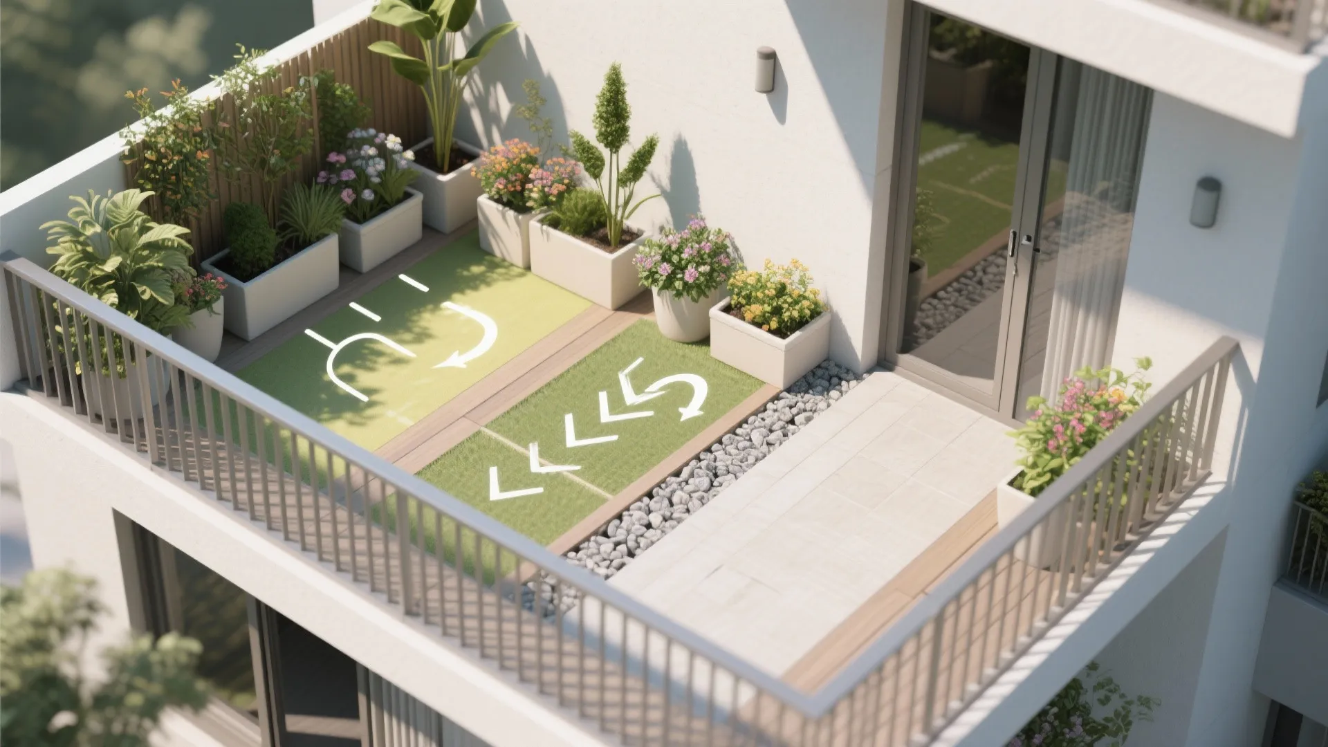 Top-down balcony plan showing sunny and shaded zones, windbreak groupings, and a clear path among planters.
