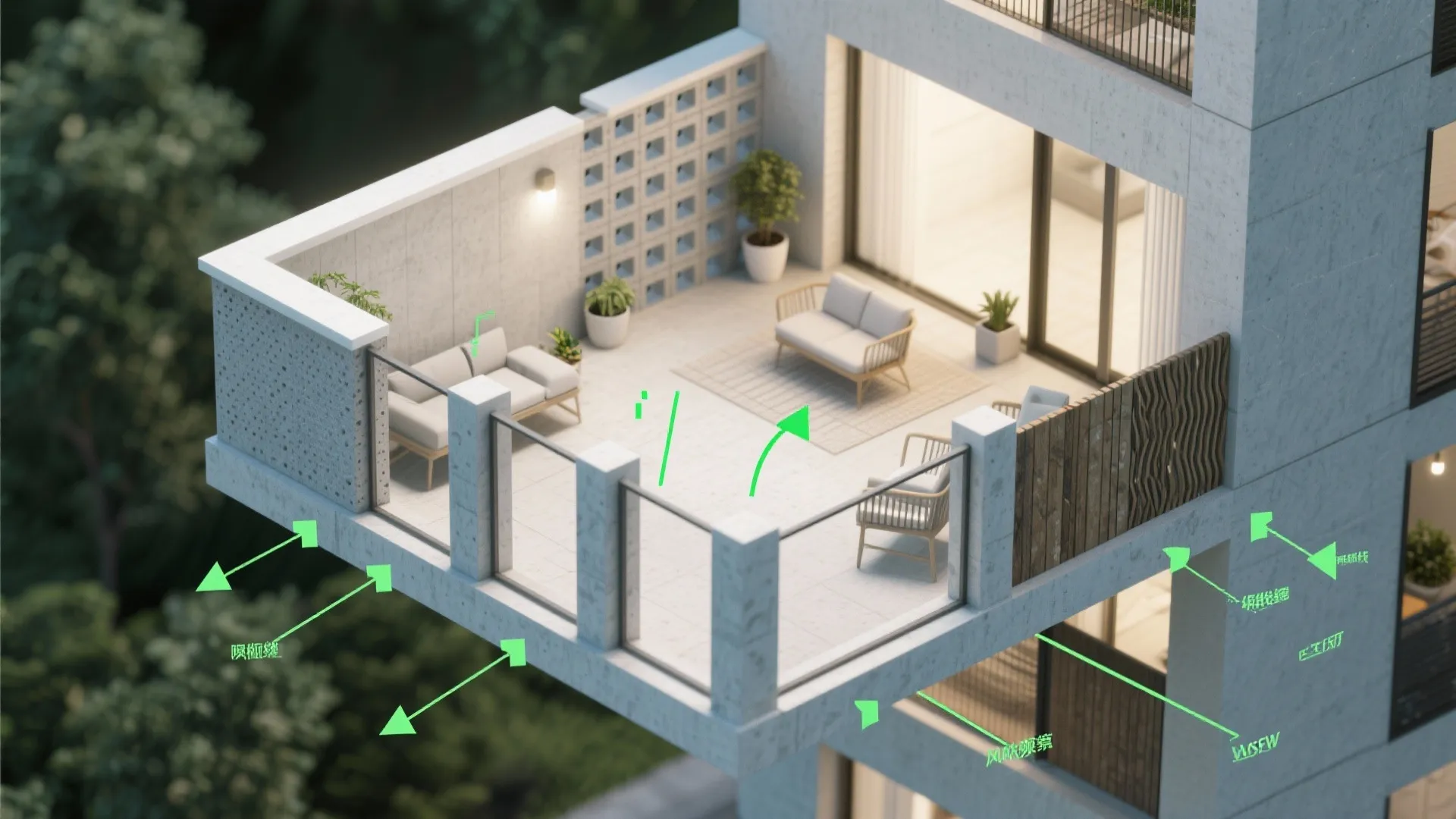 Interior design drawing showing balcony layout with sofas glass railing wall light and green arrow annotations