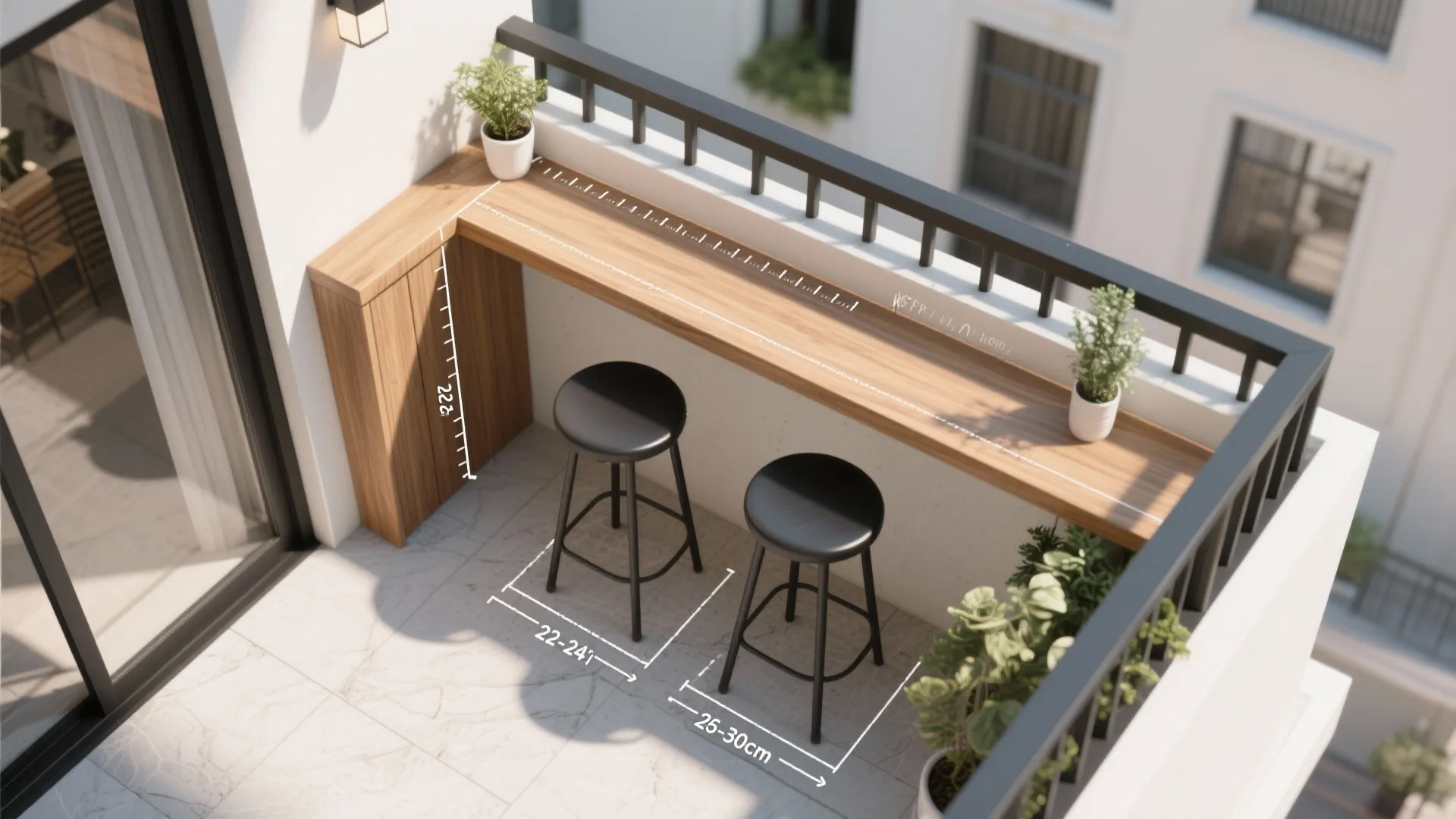 Top view of balcony bar area with measurements for wooden counter and black bar stools