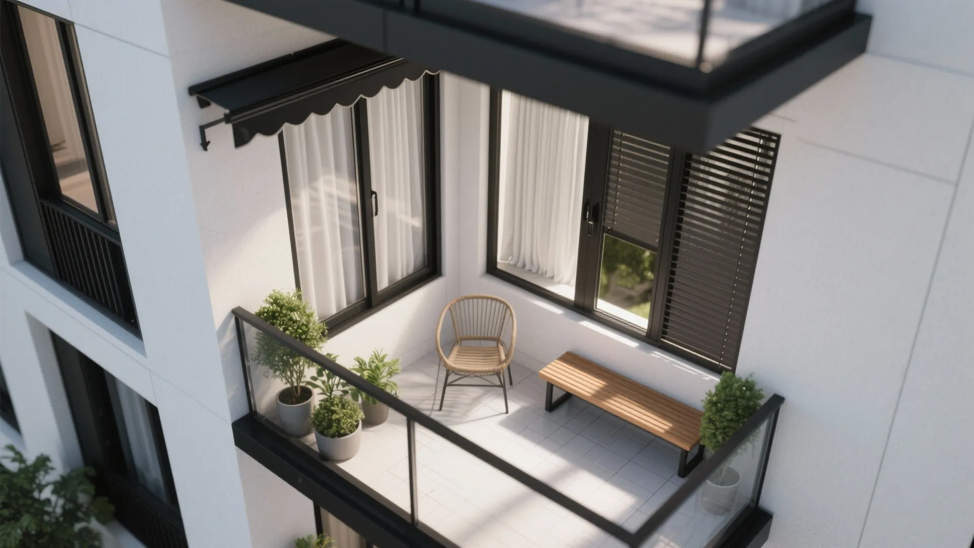 Modern white balcony floor plan with a wooden bench one chair and small potted plants