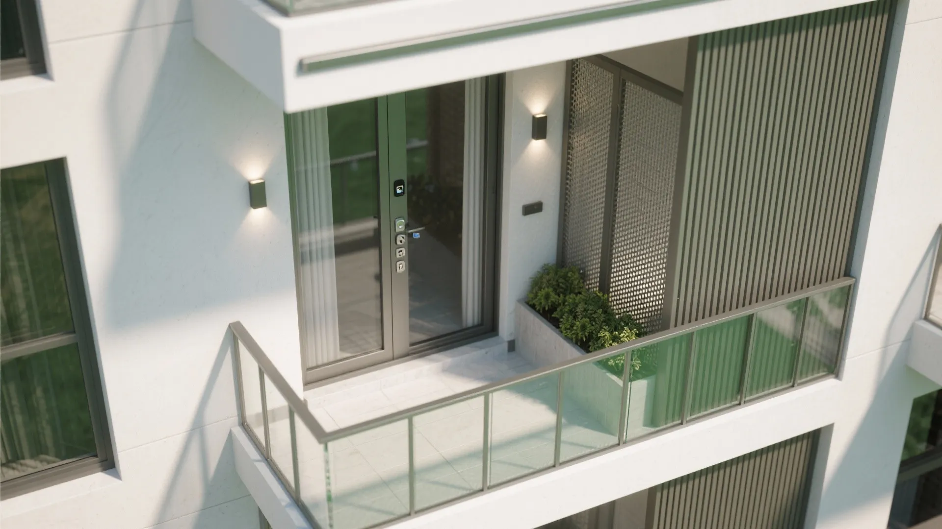 Modern white apartment balcony with glass railings wall lights green plants and a grey sliding door