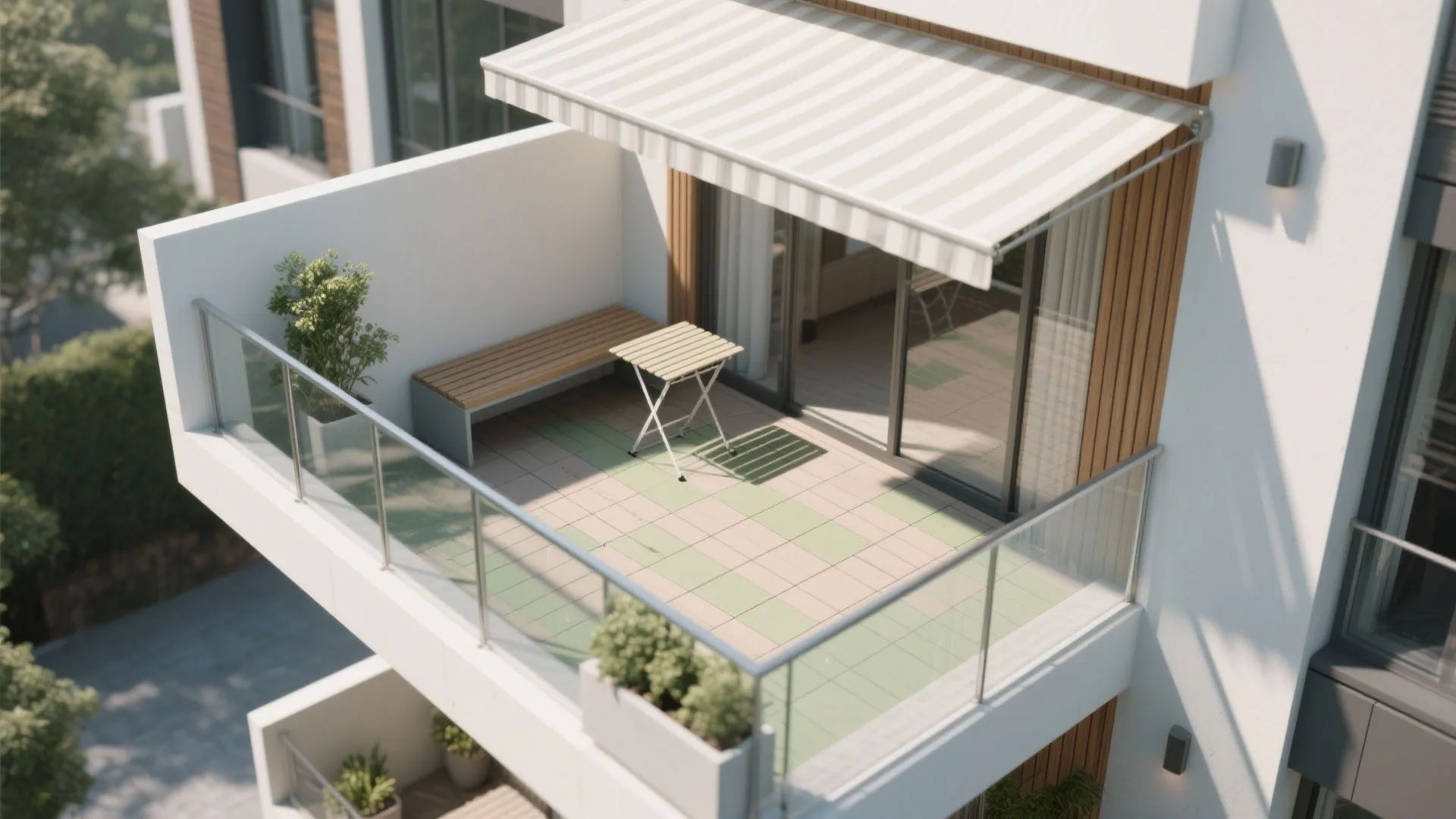 Modern balcony with striped awning wooden bench small folding table green floor tiles and plants