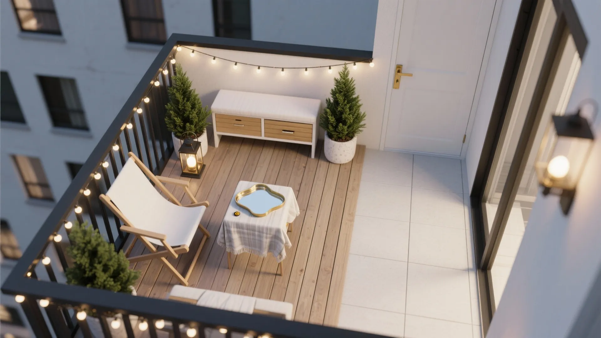 Top-down plan of a small balcony showing LED routing, evergreens, foldable seating, and a lantern zone.