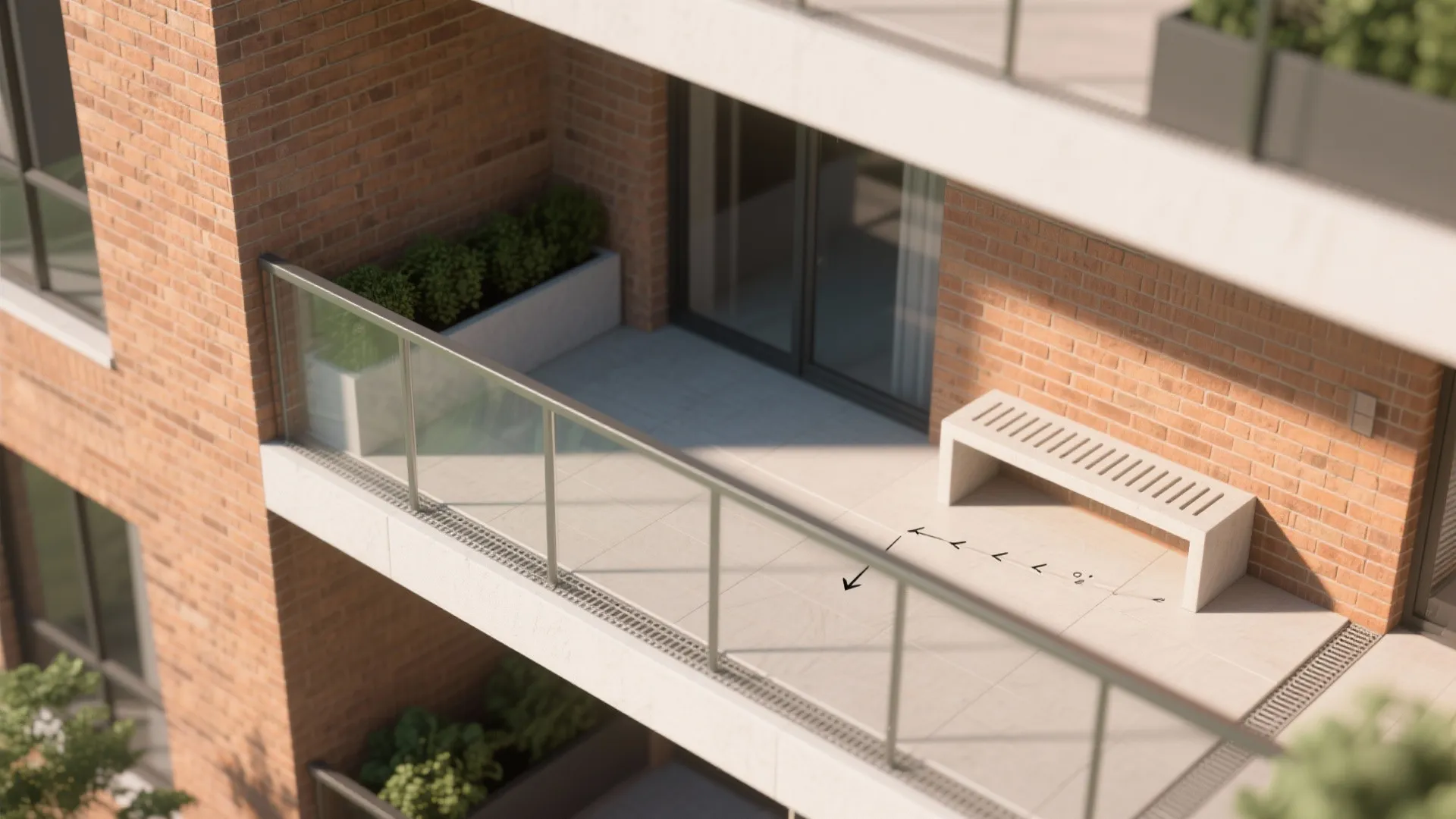 Modern balcony design with brick walls glass railing white bench and light grey floor tiles