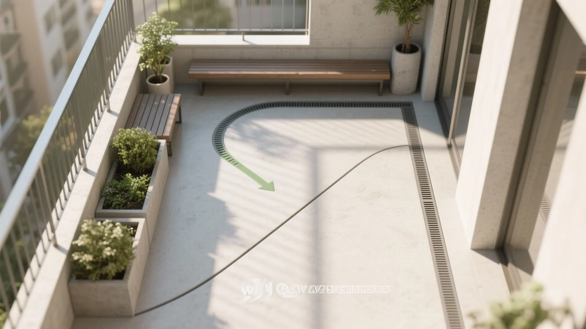 Top-down compact balcony plan showing slope to drain, load distribution near edges, and placement of cement features