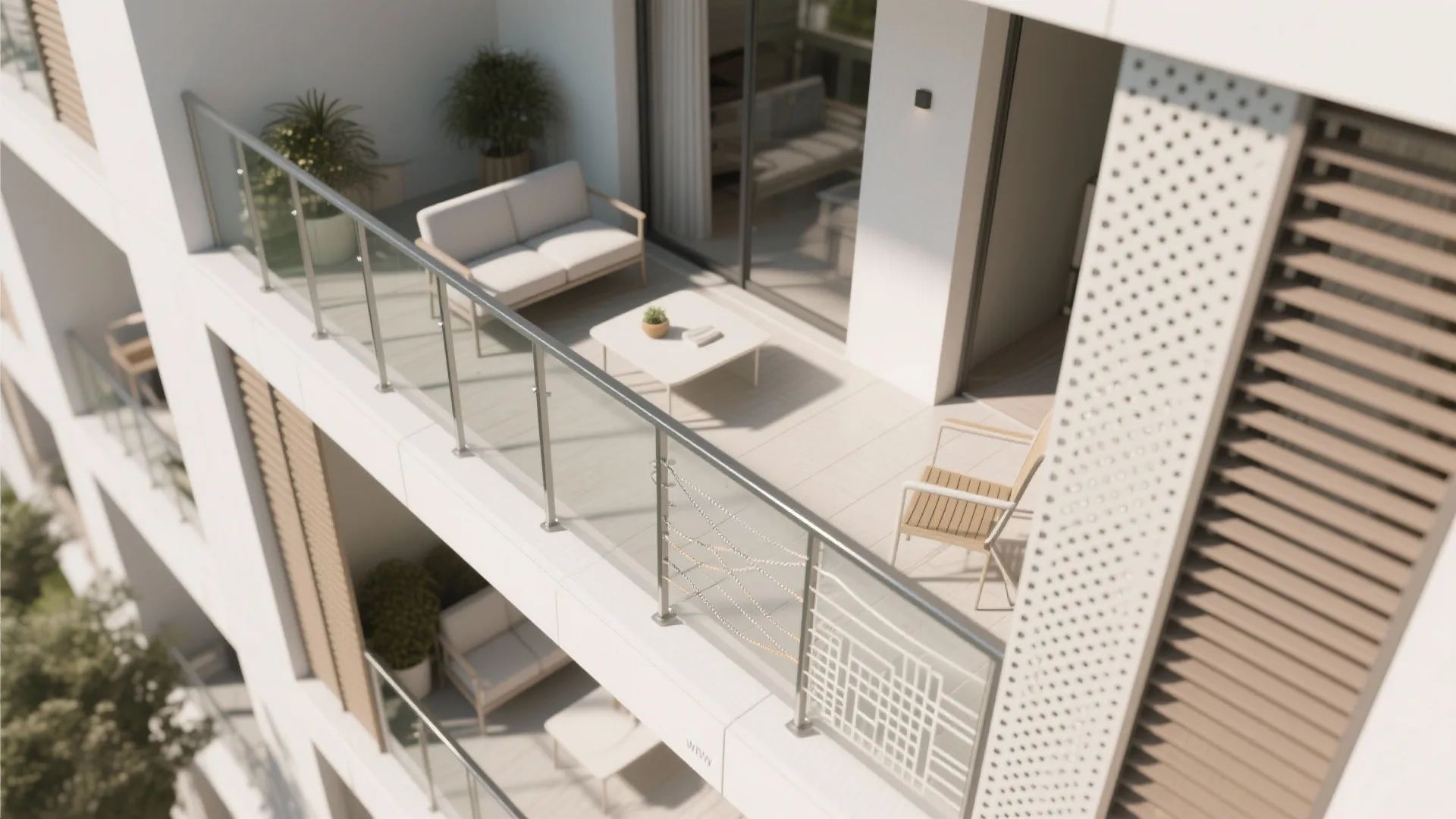 Modern white apartment balcony featuring a small sofa coffee table wooden chair and glass railing