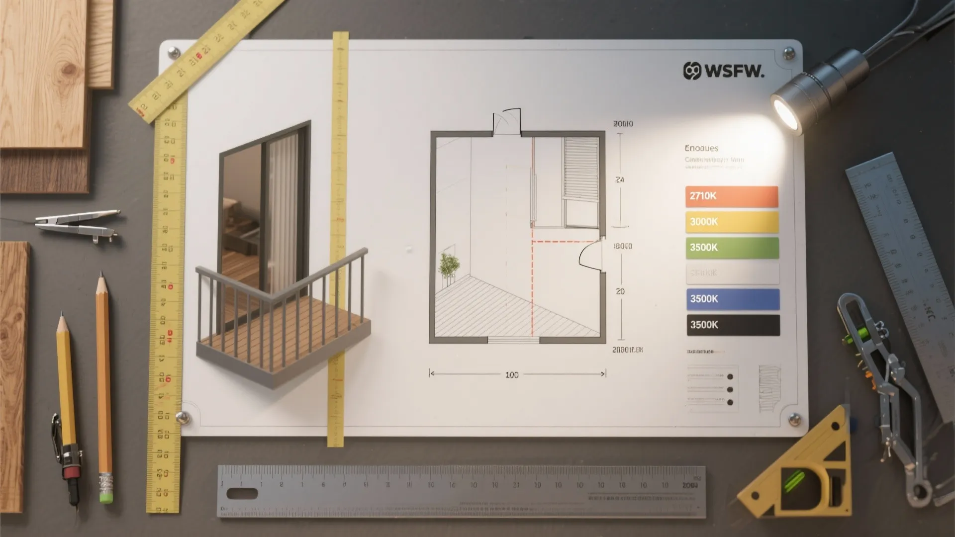 Interior design drawing of a balcony layout with rulers pencils and a small desk lamp