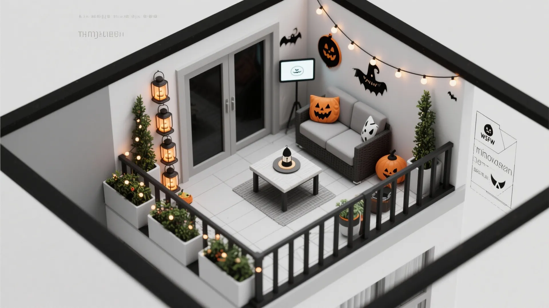 Top-down plan of a tiny balcony with seating, planters, lanterns, and light routing.