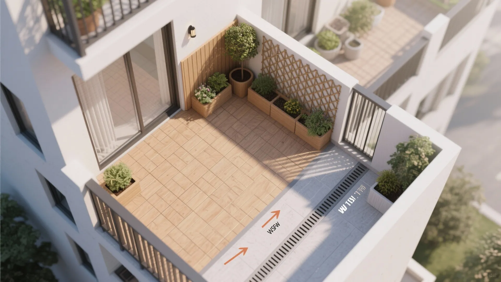 Top view of balcony interior design drawing showing wood floor tiles wall panel and plants