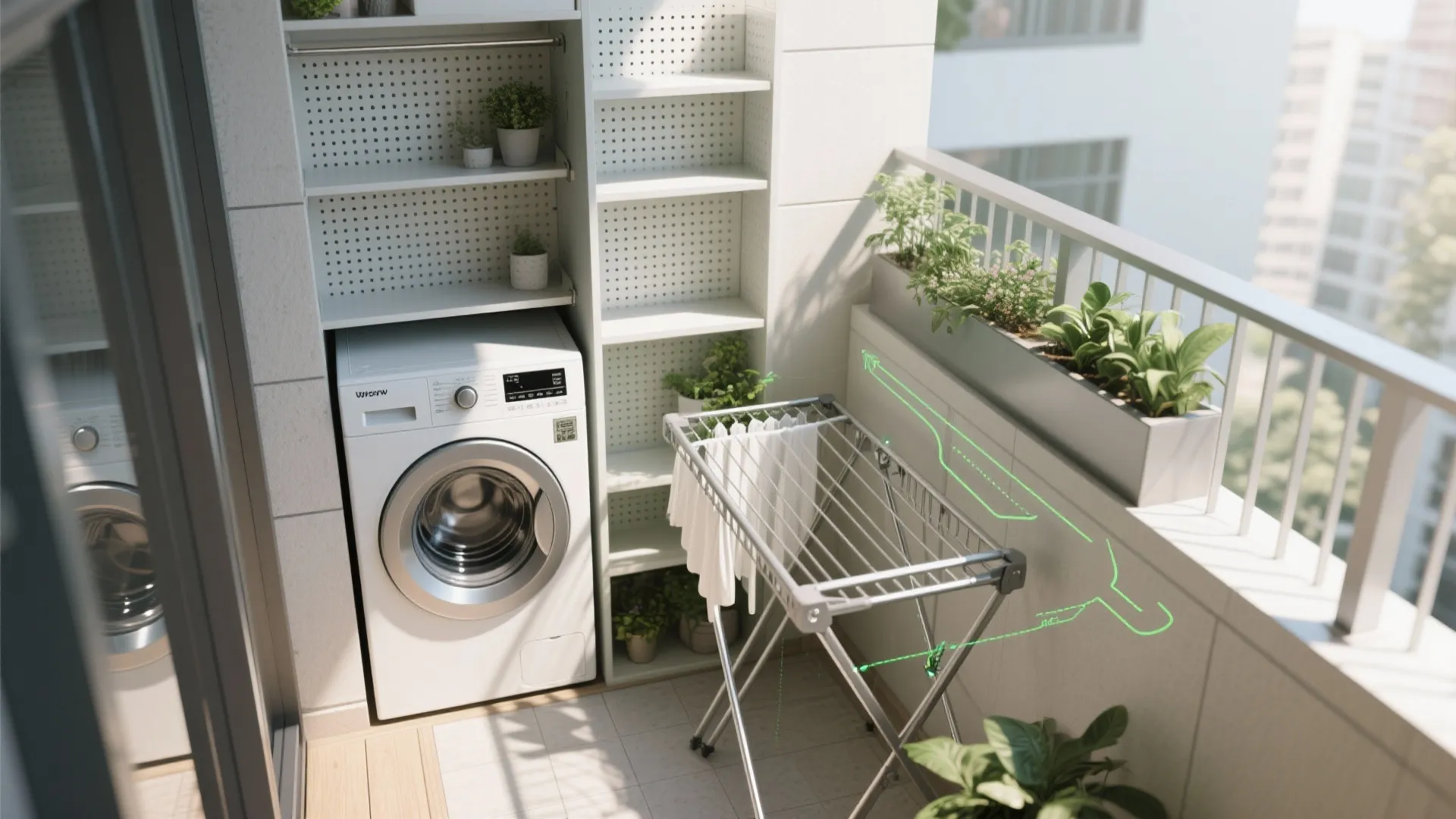 Balcony utility planning: laundry, plants, and storage